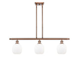 516-3I-AC-G101 3-Light 36" Antique Copper Island Light - Matte White Belfast Glass - LED Bulb - Dimmensions: 36 x 6 x 10<br>Minimum Height : 19.375<br>Maximum Height : 43.375 - Sloped Ceiling Compatible: Yes