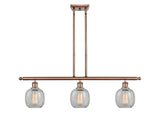 516-3I-AC-G105 3-Light 36" Antique Copper Island Light - Clear Crackle Belfast Glass - LED Bulb - Dimmensions: 36 x 6 x 10<br>Minimum Height : 19.375<br>Maximum Height : 43.375 - Sloped Ceiling Compatible: Yes
