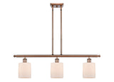 516-3I-AC-G111 3-Light 36" Antique Copper Island Light - Matte White Cobbleskill Glass - LED Bulb - Dimmensions: 36 x 5 x 10<br>Minimum Height : 19.375<br>Maximum Height : 43.375 - Sloped Ceiling Compatible: Yes