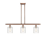 516-3I-AC-G1113 3-Light 36" Antique Copper Island Light - Deco Swirl Cobbleskill Glass - LED Bulb - Dimmensions: 36 x 5 x 10<br>Minimum Height : 19.375<br>Maximum Height : 43.375 - Sloped Ceiling Compatible: Yes