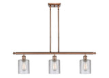 516-3I-AC-G112 3-Light 36" Antique Copper Island Light - Clear Cobbleskill Glass - LED Bulb - Dimmensions: 36 x 5 x 10<br>Minimum Height : 19.375<br>Maximum Height : 43.375 - Sloped Ceiling Compatible: Yes