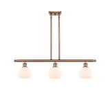 516-3I-AC-G121-6 3-Light 36" Antique Copper Island Light - Cased Matte White Athens Glass - LED Bulb - Dimmensions: 36 x 6 x 9.375<br>Minimum Height : 18.375<br>Maximum Height : 42.375 - Sloped Ceiling Compatible: Yes
