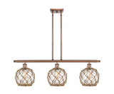 516-3I-AC-G122-8RB 3-Light 36" Antique Copper Island Light - Clear Farmhouse Glass with Brown Rope Glass - LED Bulb - Dimmensions: 36 x 8 x 11<br>Minimum Height : 20.375<br>Maximum Height : 44.375 - Sloped Ceiling Compatible: Yes