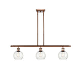 516-3I-AC-G124-6 3-Light 36" Antique Copper Island Light - Seedy Athens Glass - LED Bulb - Dimmensions: 36 x 6 x 9.375<br>Minimum Height : 18.375<br>Maximum Height : 42.375 - Sloped Ceiling Compatible: Yes