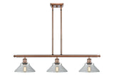 516-3I-AC-G132 3-Light 36" Antique Copper Island Light - Clear Orwell Glass - LED Bulb - Dimmensions: 36 x 9 x 9<br>Minimum Height : 17.375<br>Maximum Height : 41.375 - Sloped Ceiling Compatible: Yes