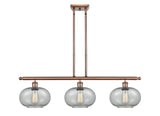 516-3I-AC-G247 3-Light 36" Antique Copper Island Light - Charcoal Gorham Glass - LED Bulb - Dimmensions: 36 x 9.5 x 10<br>Minimum Height : 20.375<br>Maximum Height : 44.375 - Sloped Ceiling Compatible: Yes