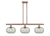 516-3I-AC-G249 3-Light 36" Antique Copper Island Light - Mica Gorham Glass - LED Bulb - Dimmensions: 36 x 9.5 x 10<br>Minimum Height : 20.375<br>Maximum Height : 44.375 - Sloped Ceiling Compatible: Yes