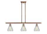 516-3I-AC-G275 3-Light 36" Antique Copper Island Light - Clear Crackle Conesus Glass - LED Bulb - Dimmensions: 36 x 6 x 11<br>Minimum Height : 20.375<br>Maximum Height : 44.375 - Sloped Ceiling Compatible: Yes