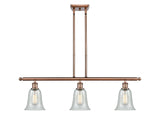 516-3I-AC-G2812 3-Light 36" Antique Copper Island Light - Fishnet Hanover Glass - LED Bulb - Dimmensions: 36 x 6.25 x 12<br>Minimum Height : 21.375<br>Maximum Height : 45.375 - Sloped Ceiling Compatible: Yes