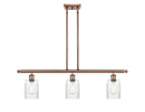 516-3I-AC-G342 3-Light 36" Antique Copper Island Light - Clear Hadley Glass - LED Bulb - Dimmensions: 36 x 5 x 10<br>Minimum Height : 19.375<br>Maximum Height : 43.375 - Sloped Ceiling Compatible: Yes