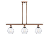 516-3I-AC-G362 3-Light 36" Antique Copper Island Light - Clear Small Waverly Glass - LED Bulb - Dimmensions: 36 x 6 x 10<br>Minimum Height : 19.375<br>Maximum Height : 43.375 - Sloped Ceiling Compatible: Yes