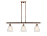 516-3I-AC-G381 3-Light 36" Antique Copper Island Light - White Castile Glass - LED Bulb - Dimmensions: 36 x 6 x 10<br>Minimum Height : 19.375<br>Maximum Height : 43.375 - Sloped Ceiling Compatible: Yes