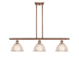 516-3I-AC-G422 3-Light 36" Antique Copper Island Light - Clear Arietta Glass - LED Bulb - Dimmensions: 36 x 8 x 9<br>Minimum Height : 19.375<br>Maximum Height : 43.375 - Sloped Ceiling Compatible: Yes