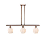516-3I-AC-G461-6 3-Light 36" Antique Copper Island Light - Cased Matte White Norfolk Glass - LED Bulb - Dimmensions: 36 x 5.75 x 10<br>Minimum Height : 20.375<br>Maximum Height : 44.375 - Sloped Ceiling Compatible: Yes