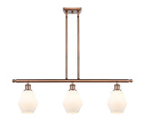 516-3I-AC-G651-6 3-Light 36" Antique Copper Island Light - Cased Matte White Cindyrella 6" Glass - LED Bulb - Dimmensions: 36 x 6 x 10.75<br>Minimum Height : 19.75<br>Maximum Height : 43.75 - Sloped Ceiling Compatible: Yes