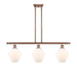 516-3I-AC-G651-8 3-Light 36" Antique Copper Island Light - Cased Matte White Cindyrella 8" Glass - LED Bulb - Dimmensions: 36 x 8 x 10.5<br>Minimum Height : 19.5<br>Maximum Height : 43.5 - Sloped Ceiling Compatible: Yes