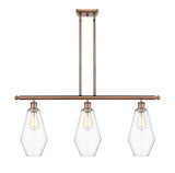 516-3I-AC-G652-7 3-Light 36" Antique Copper Island Light - Clear Cindyrella 7" Glass - LED Bulb - Dimmensions: 36 x 7 x 14<br>Minimum Height : 23<br>Maximum Height : 47 - Sloped Ceiling Compatible: Yes