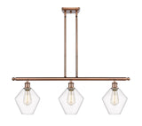 516-3I-AC-G652-8 3-Light 36" Antique Copper Island Light - Clear Cindyrella 8" Glass - LED Bulb - Dimmensions: 36 x 8 x 10.5<br>Minimum Height : 19.5<br>Maximum Height : 43.5 - Sloped Ceiling Compatible: Yes