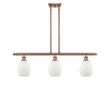 516-3I-AC-G81 3-Light 36" Antique Copper Island Light - Matte White Eaton Glass - LED Bulb - Dimmensions: 36 x 5.5 x 11<br>Minimum Height : 20.375<br>Maximum Height : 44.375 - Sloped Ceiling Compatible: Yes