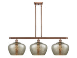 516-3I-AC-G96-L 3-Light 37.5" Antique Copper Island Light - Large Mercury Fenton Glass - LED Bulb - Dimmensions: 37.5 x 11 x 12<br>Minimum Height : 21.125<br>Maximum Height : 45.125 - Sloped Ceiling Compatible: Yes