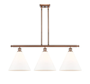 516-3I-AC-GBC-121 3-Light 38.5" Antique Copper Island Light - Matte White Cased Ballston Cone Glass - LED Bulb - Dimmensions: 38.5 x 12 x 14.25<br>Minimum Height : 23.25<br>Maximum Height : 47.25 - Sloped Ceiling Compatible: Yes