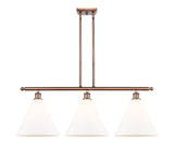 516-3I-AC-GBC-121 3-Light 38.5" Antique Copper Island Light - Matte White Cased Ballston Cone Glass - LED Bulb - Dimmensions: 38.5 x 12 x 14.25<br>Minimum Height : 23.25<br>Maximum Height : 47.25 - Sloped Ceiling Compatible: Yes
