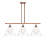 516-3I-AC-GBC-122 3-Light 38.5" Antique Copper Island Light - Cased Matte White Ballston Cone Glass - LED Bulb - Dimmensions: 38.5 x 12 x 14.25<br>Minimum Height : 23.25<br>Maximum Height : 47.25 - Sloped Ceiling Compatible: Yes