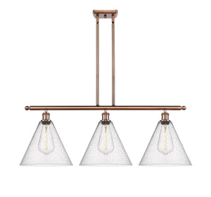 516-3I-AC-GBC-124 3-Light 38.5" Antique Copper Island Light - Seedy Ballston Cone Glass - LED Bulb - Dimmensions: 38.5 x 12 x 14.25<br>Minimum Height : 23.25<br>Maximum Height : 47.25 - Sloped Ceiling Compatible: Yes