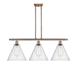 516-3I-AC-GBC-124 3-Light 38.5" Antique Copper Island Light - Seedy Ballston Cone Glass - LED Bulb - Dimmensions: 38.5 x 12 x 14.25<br>Minimum Height : 23.25<br>Maximum Height : 47.25 - Sloped Ceiling Compatible: Yes