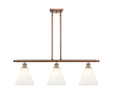 516-3I-AC-GBC-81 3-Light 36" Antique Copper Island Light - Matte White Cased Ballston Cone Glass - LED Bulb - Dimmensions: 36 x 8 x 11.25<br>Minimum Height : 20.25<br>Maximum Height : 44.25 - Sloped Ceiling Compatible: Yes