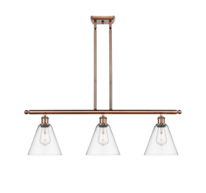 516-3I-AC-GBC-82 3-Light 36" Antique Copper Island Light - Clear Ballston Cone Glass - LED Bulb - Dimmensions: 36 x 8 x 11.25<br>Minimum Height : 20.25<br>Maximum Height : 44.25 - Sloped Ceiling Compatible: Yes