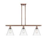 516-3I-AC-GBC-82 3-Light 36" Antique Copper Island Light - Clear Ballston Cone Glass - LED Bulb - Dimmensions: 36 x 8 x 11.25<br>Minimum Height : 20.25<br>Maximum Height : 44.25 - Sloped Ceiling Compatible: Yes