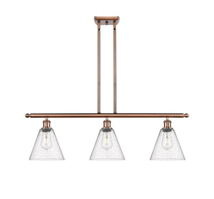 516-3I-AC-GBC-84 3-Light 36" Antique Copper Island Light - Seedy Ballston Cone Glass - LED Bulb - Dimmensions: 36 x 8 x 11.25<br>Minimum Height : 20.25<br>Maximum Height : 44.25 - Sloped Ceiling Compatible: Yes
