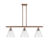 516-3I-AC-GBC-84 3-Light 36" Antique Copper Island Light - Seedy Ballston Cone Glass - LED Bulb - Dimmensions: 36 x 8 x 11.25<br>Minimum Height : 20.25<br>Maximum Height : 44.25 - Sloped Ceiling Compatible: Yes