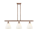 516-3I-AC-GBD-751 3-Light 36" Antique Copper Island Light - Matte White Ballston Dome Glass - LED Bulb - Dimmensions: 36 x 7.5 x 10.75<br>Minimum Height : 19.75<br>Maximum Height : 43.75 - Sloped Ceiling Compatible: Yes