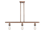 516-3I-AC 3-Light 36" Antique Copper Island Light - Bare Bulb - LED Bulb - Dimmensions: 36 x 2.125 x 5<br>Minimum Height : 13.375<br>Maximum Height : 37.375 - Sloped Ceiling Compatible: Yes