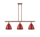 516-3I-AC-MBD-75-RD 3-Light 36" Antique Copper Island Light - Red Plymouth Dome Shade - LED Bulb - Dimmensions: 36 x 7.5 x 10.75<br>Minimum Height : 19.75<br>Maximum Height : 43.75 - Sloped Ceiling Compatible: Yes