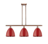 516-3I-AC-MBD-9-RD 3-Light 36" Antique Copper Island Light - Red Plymouth Dome Shade - LED Bulb - Dimmensions: 36 x 9 x 12.375<br>Minimum Height : 21.375<br>Maximum Height : 45.375 - Sloped Ceiling Compatible: Yes