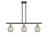 516-3I-BAB-G105 3-Light 36" Black Antique Brass Island Light - Clear Crackle Belfast Glass - LED Bulb - Dimmensions: 36 x 6 x 10<br>Minimum Height : 19.375<br>Maximum Height : 43.375 - Sloped Ceiling Compatible: Yes
