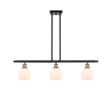 516-3I-BAB-G121-6 3-Light 36" Black Antique Brass Island Light - Cased Matte White Athens Glass - LED Bulb - Dimmensions: 36 x 6 x 9.375<br>Minimum Height : 18.375<br>Maximum Height : 42.375 - Sloped Ceiling Compatible: Yes