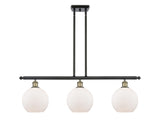 516-3I-BAB-G121-8 3-Light 36" Black Antique Brass Island Light - Cased Matte White Athens Glass - LED Bulb - Dimmensions: 36 x 8 x 11<br>Minimum Height : 20.375<br>Maximum Height : 44.375 - Sloped Ceiling Compatible: Yes