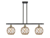 516-3I-BAB-G122-8RB 3-Light 36" Black Antique Brass Island Light - Clear Farmhouse Glass with Brown Rope Glass - LED Bulb - Dimmensions: 36 x 8 x 11<br>Minimum Height : 20.375<br>Maximum Height : 44.375 - Sloped Ceiling Compatible: Yes