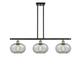 516-3I-BAB-G247 3-Light 36" Black Antique Brass Island Light - Charcoal Gorham Glass - LED Bulb - Dimmensions: 36 x 9.5 x 10<br>Minimum Height : 20.375<br>Maximum Height : 44.375 - Sloped Ceiling Compatible: Yes