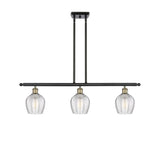 516-3I-BAB-G462-6 3-Light 36" Black Antique Brass Island Light - Clear Norfolk Glass - LED Bulb - Dimmensions: 36 x 5.75 x 10<br>Minimum Height : 20.375<br>Maximum Height : 44.375 - Sloped Ceiling Compatible: Yes