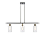 516-3I-BAB-G802 3-Light 36" Black Antique Brass Island Light - Clear Clymer Glass - LED Bulb - Dimmensions: 36 x 3.875 x 12<br>Minimum Height : 21.375<br>Maximum Height : 45.375 - Sloped Ceiling Compatible: Yes