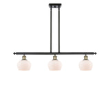 516-3I-BAB-G91 3-Light 36" Black Antique Brass Island Light - Matte White Fenton Glass - LED Bulb - Dimmensions: 36 x 6.5 x 9<br>Minimum Height : 17.875<br>Maximum Height : 41.875 - Sloped Ceiling Compatible: Yes