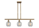 516-3I-BB-G105 3-Light 36" Brushed Brass Island Light - Clear Crackle Belfast Glass - LED Bulb - Dimmensions: 36 x 6 x 10<br>Minimum Height : 19.375<br>Maximum Height : 43.375 - Sloped Ceiling Compatible: Yes