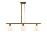 516-3I-BB-G121-6 3-Light 36" Brushed Brass Island Light - Cased Matte White Athens Glass - LED Bulb - Dimmensions: 36 x 6 x 9.375<br>Minimum Height : 18.375<br>Maximum Height : 42.375 - Sloped Ceiling Compatible: Yes
