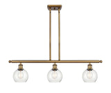 516-3I-BB-G124-6 3-Light 36" Brushed Brass Island Light - Seedy Athens Glass - LED Bulb - Dimmensions: 36 x 6 x 9.375<br>Minimum Height : 18.375<br>Maximum Height : 42.375 - Sloped Ceiling Compatible: Yes