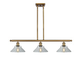 516-3I-BB-G132 3-Light 36" Brushed Brass Island Light - Clear Orwell Glass - LED Bulb - Dimmensions: 36 x 9 x 9<br>Minimum Height : 17.375<br>Maximum Height : 41.375 - Sloped Ceiling Compatible: Yes